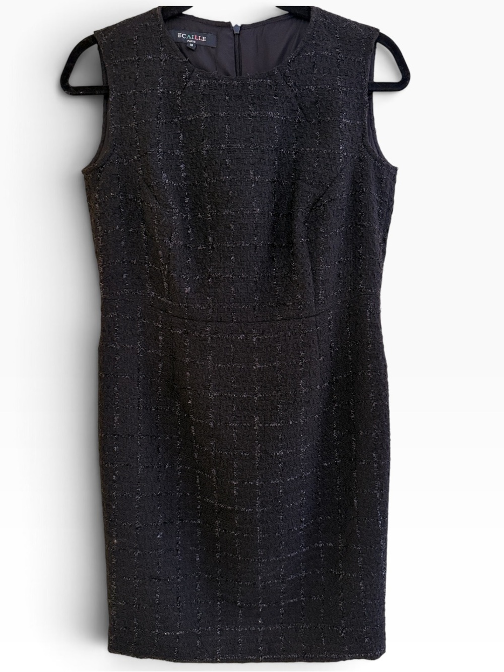 Ecaille Paris Black Textured Shadow Plaid Metallic Tweed Sleeveless Sheath Dress